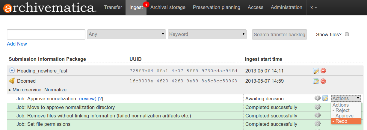 Redo normalization option in drop-down menu of Approve normalization job
