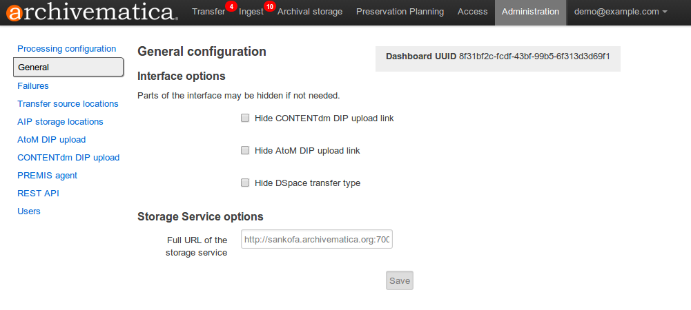 General configuration options in Administration tab of the dashboard