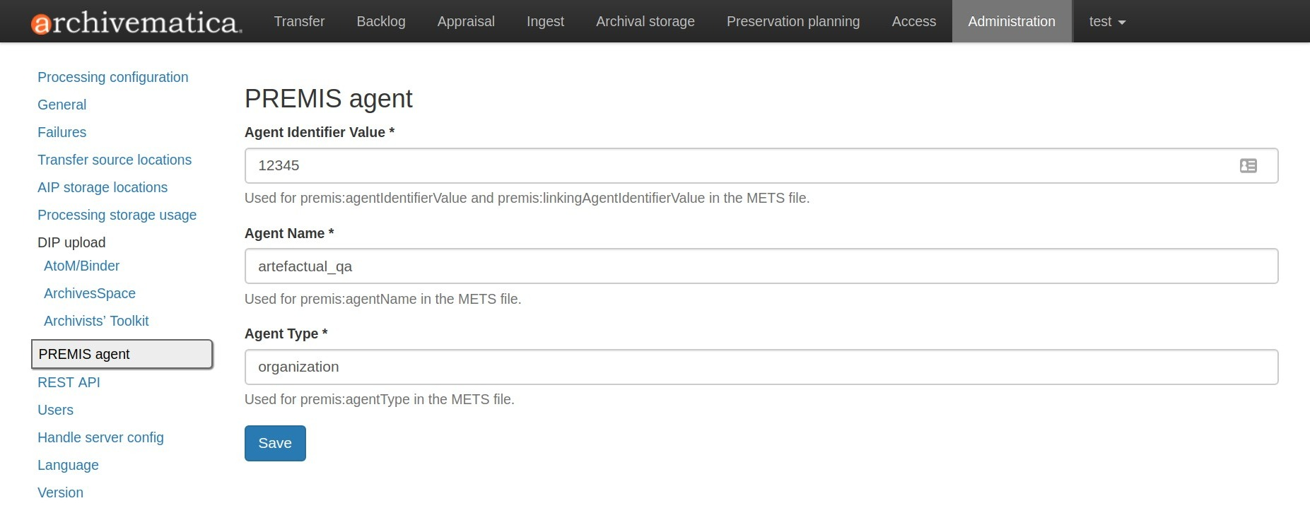 PREMIS agent settings in Administration tab