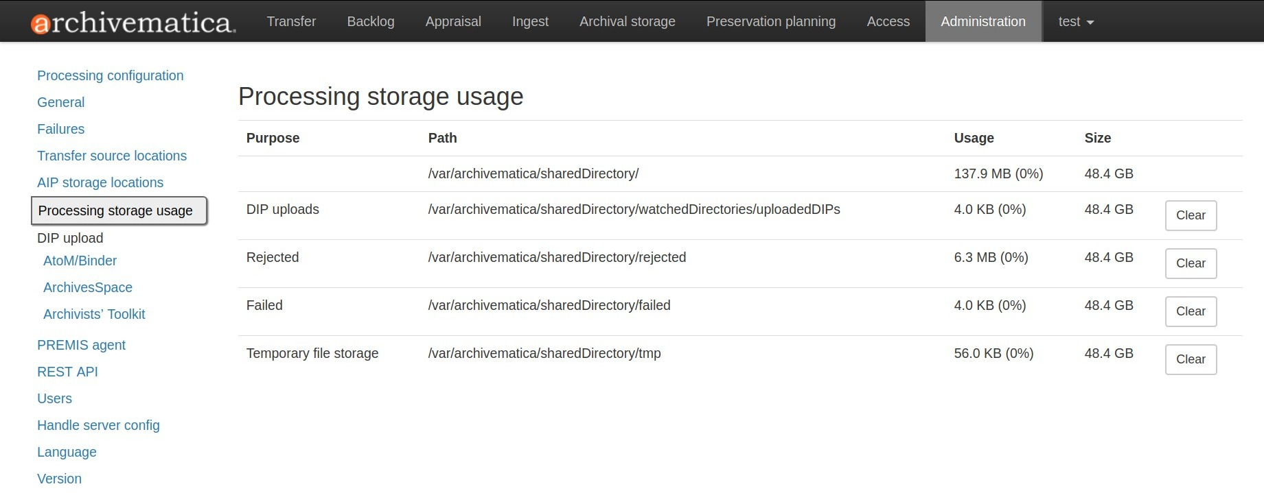 Processing storage usage area of Administration page