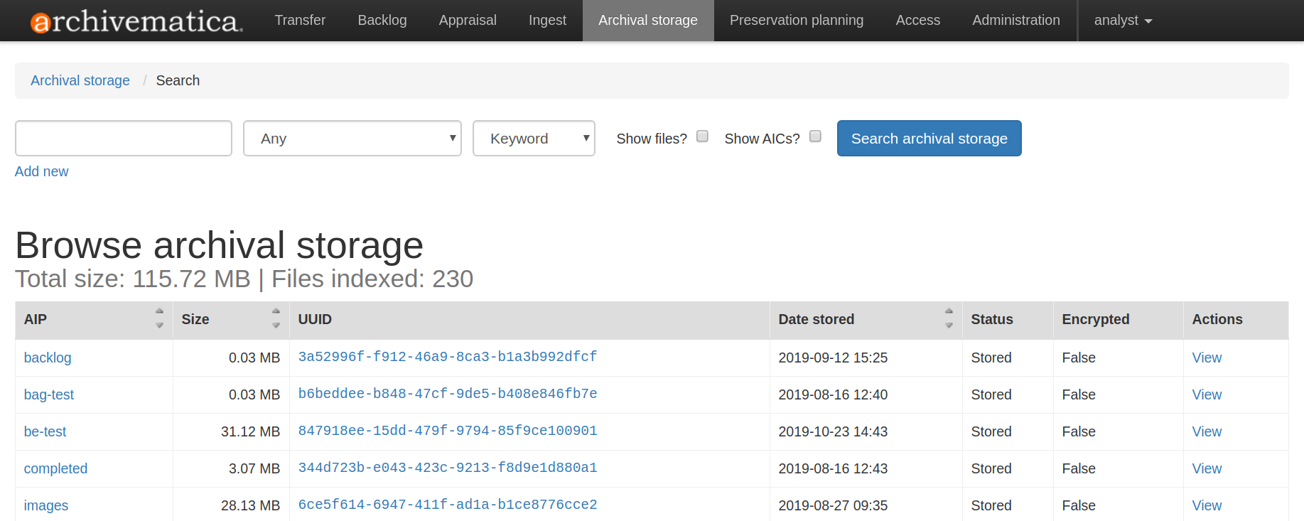The Archival Storage tab showing a table of five AIPs that have been stored.