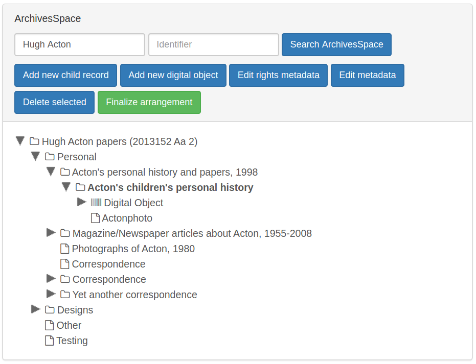 ArchivesSpace pane showing the search results for "Hugh Acton", with the resulting resource expanded to show the resource's hierarchy