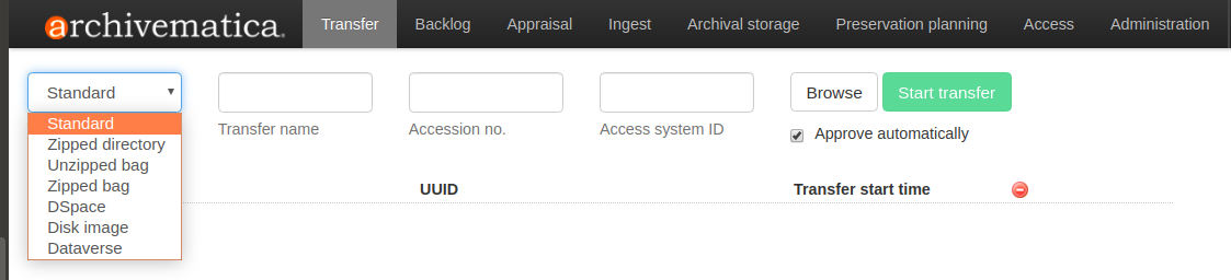 The transfer types drop-down menu on the left-hand side of the Transfer tab shows seven different transfer type options