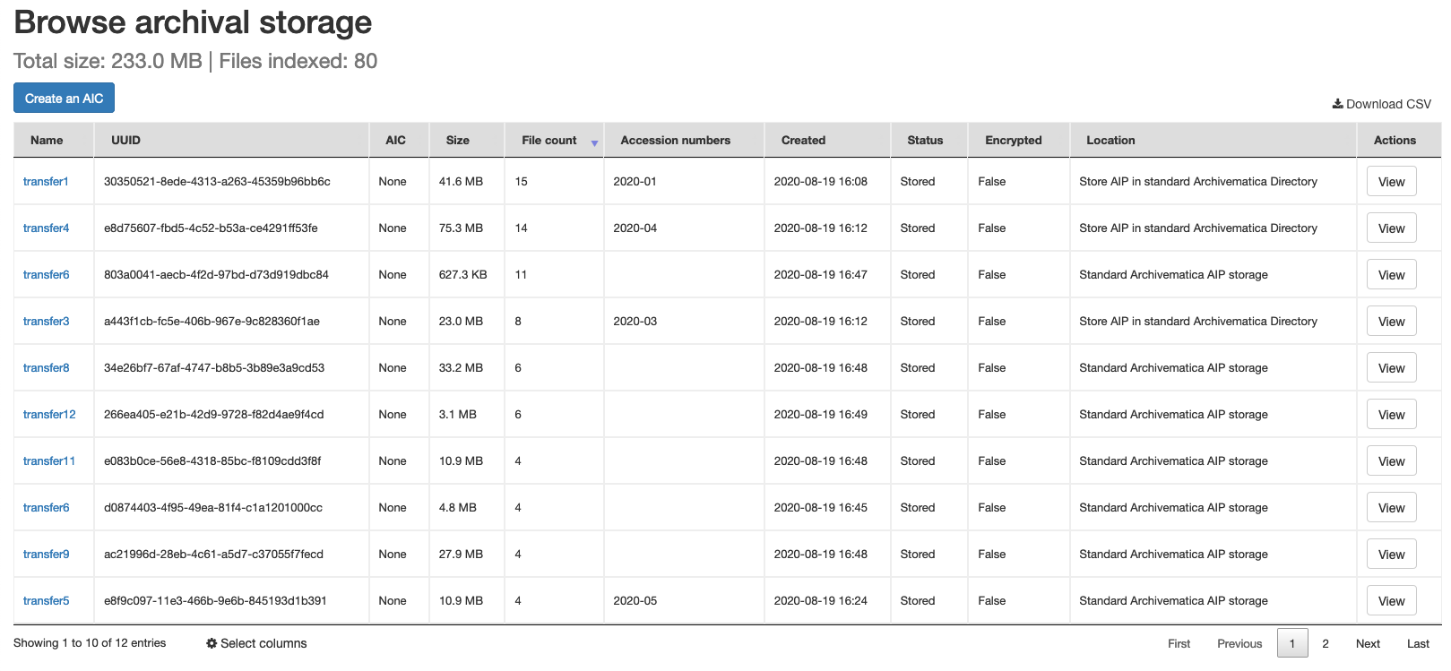The Archival Storage tab sorted on File Count