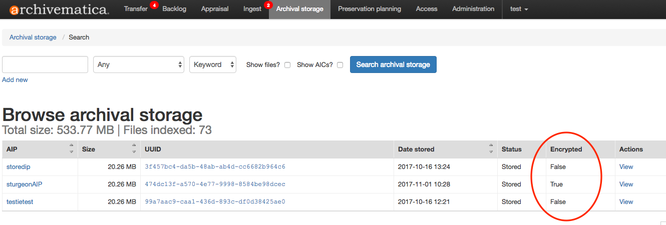 Archival storage tab showing encrypted AIP