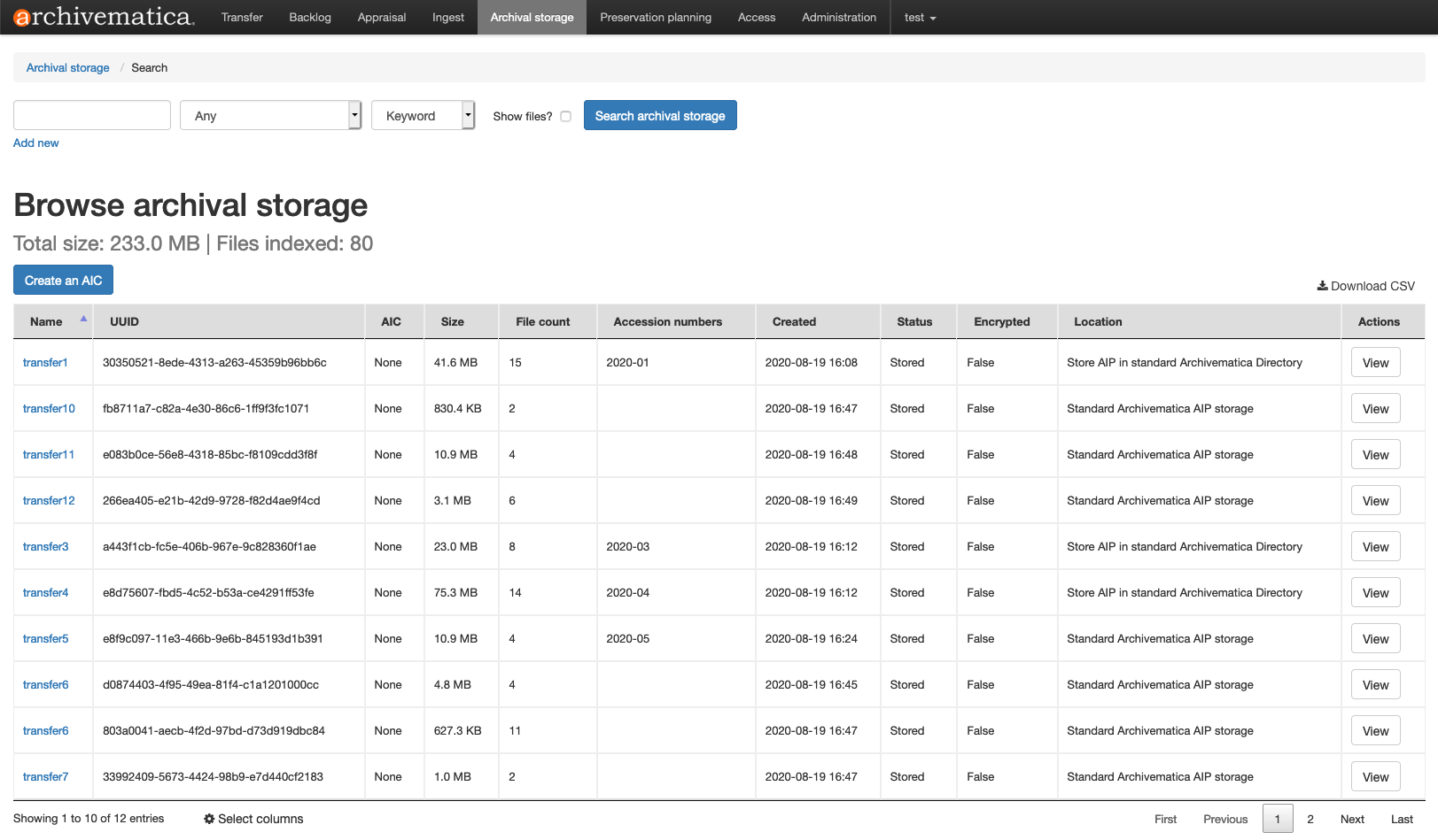 The Archival Storage tab with all columns selected