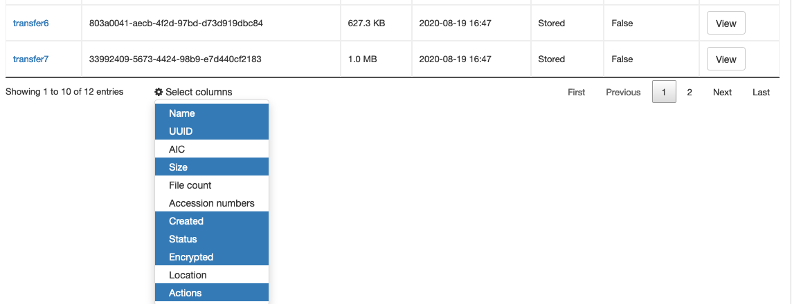 The Select Columns options on the Archival Storage tab
