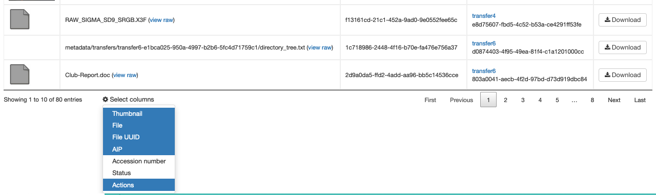 Selecting columns for the Show Files view