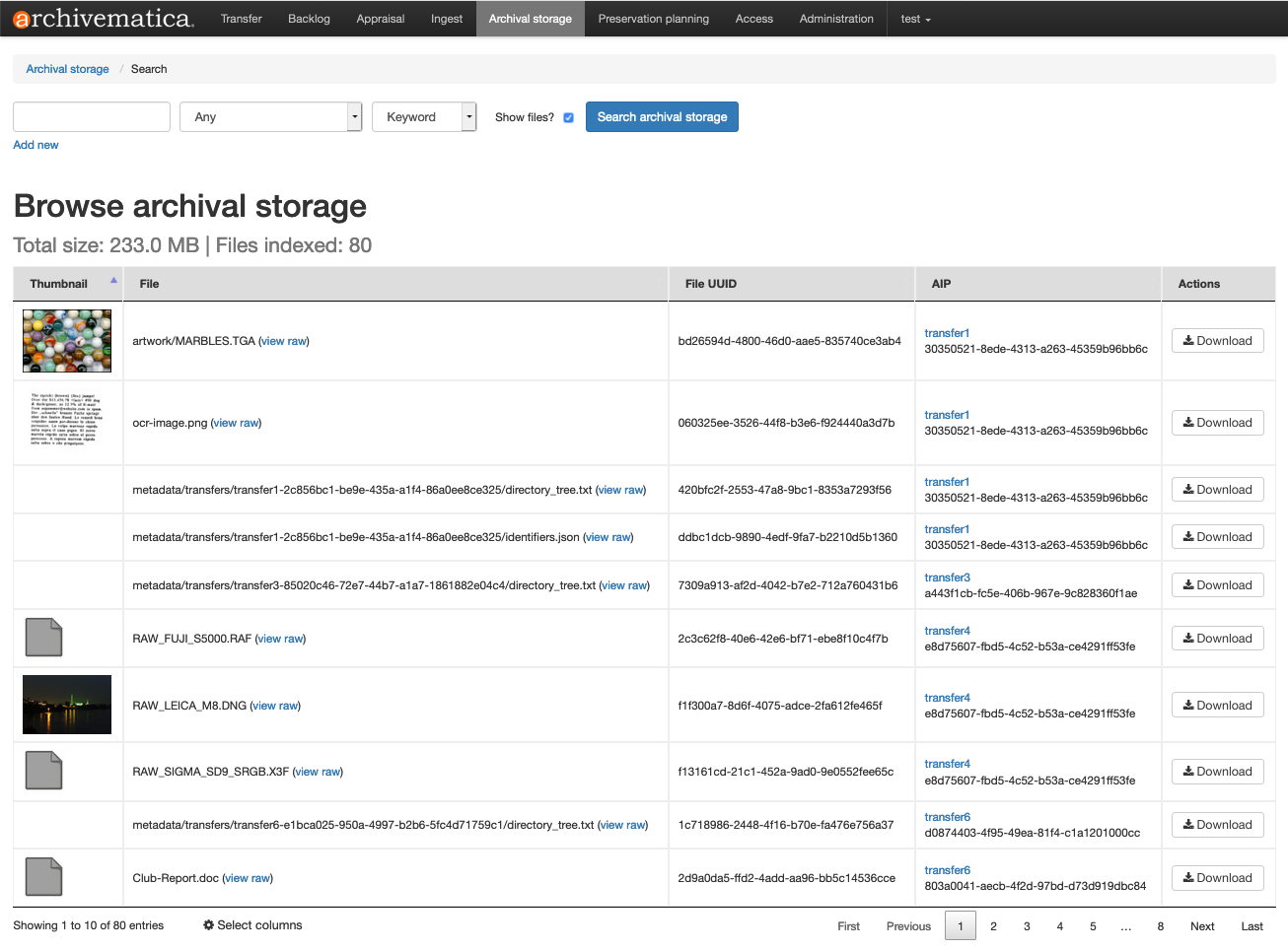 The Archival Storage tab with Show Files selected