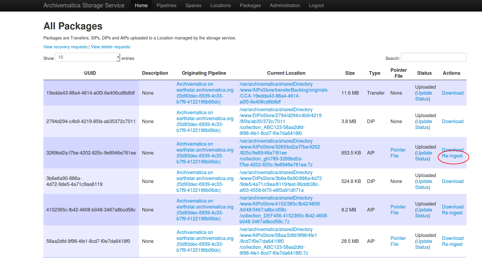 Re-ingest link in Storage Service Packages tab