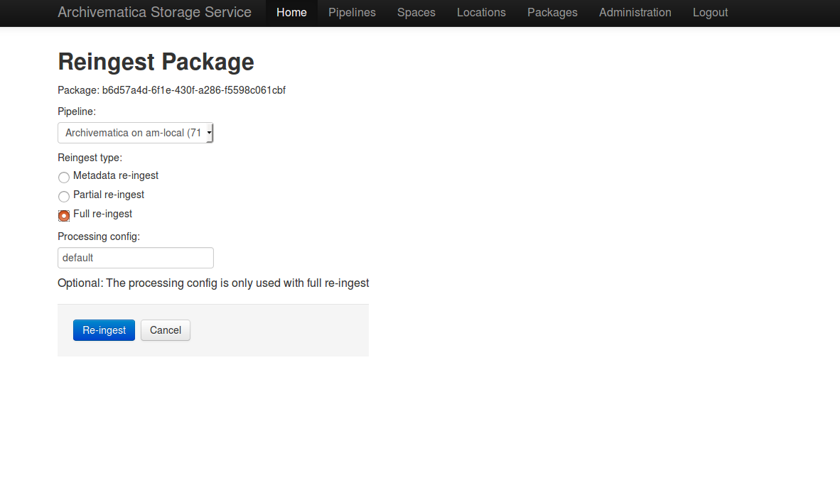 Screen to choose pipeline and type of re-ingest