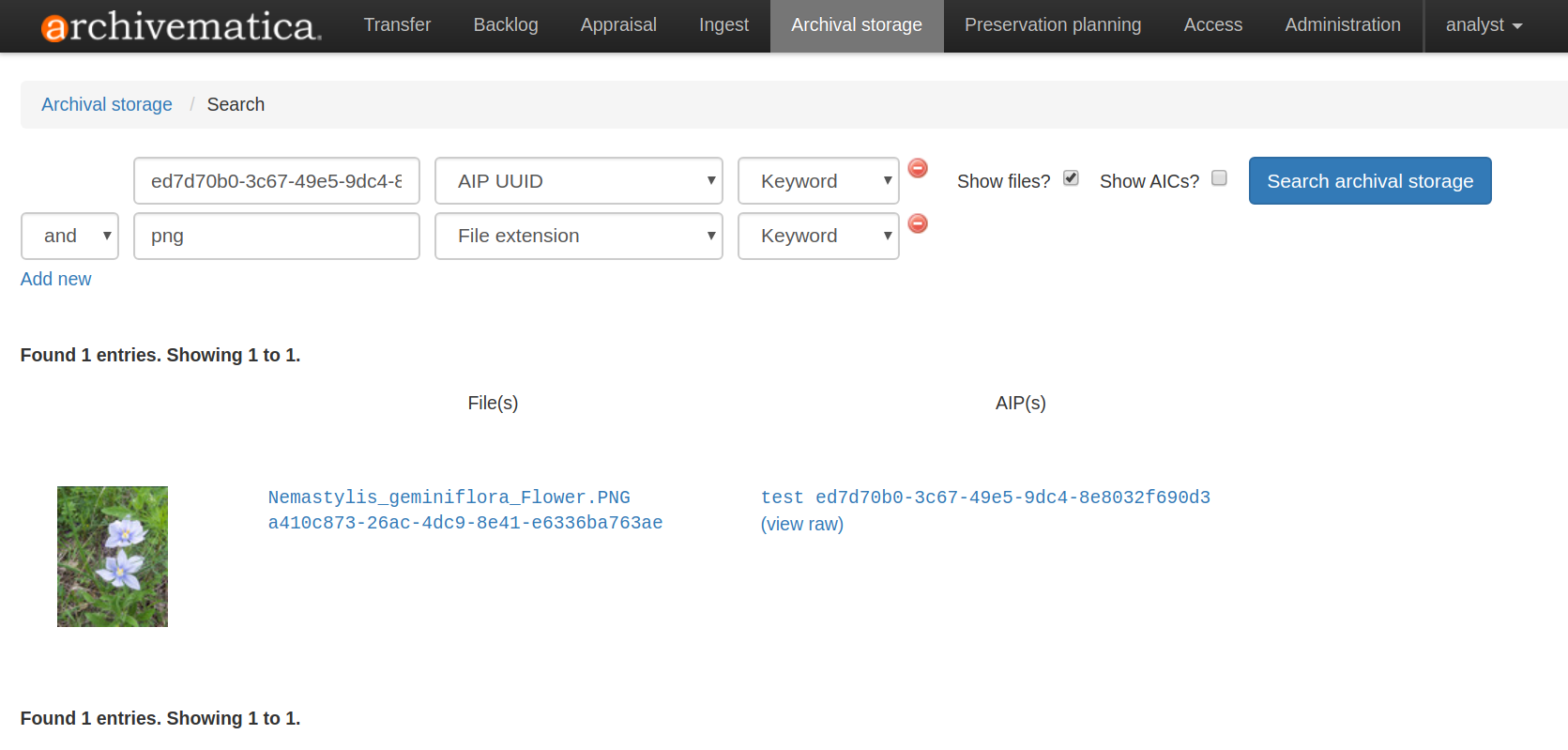 The Archival Storage tab showing the results for a specific AIP UUID and the .png file extension. There is one result.