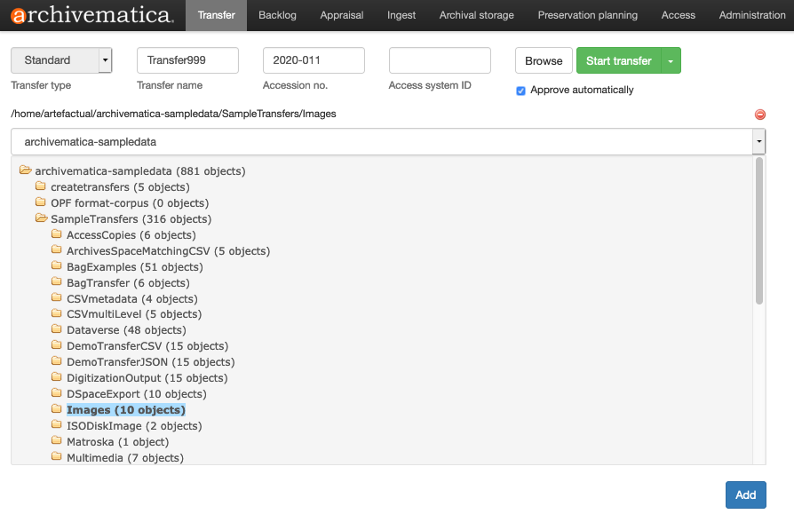 Clicking on the Browse button opens the transfer browser, a list of directories and files available for transfer into Archivematica
