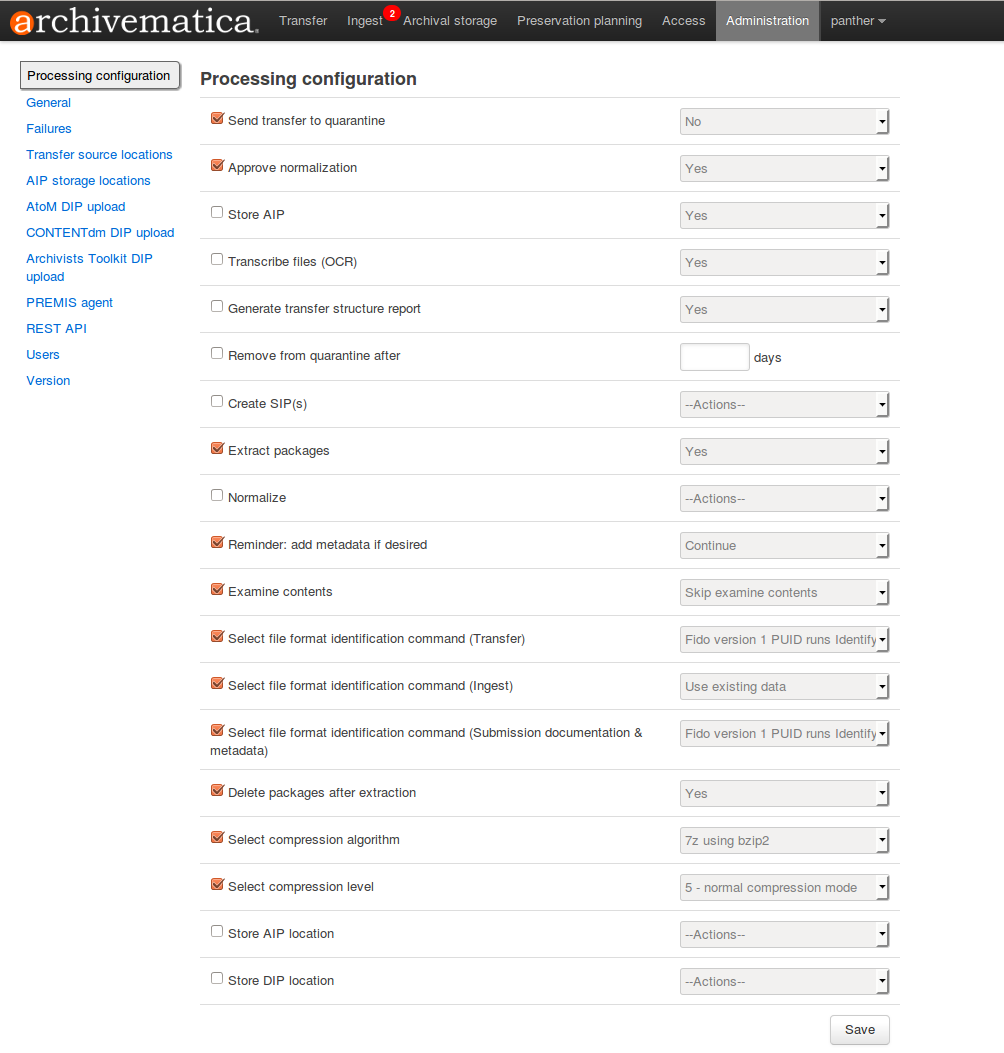 Processing configuration screen in the dashboard
