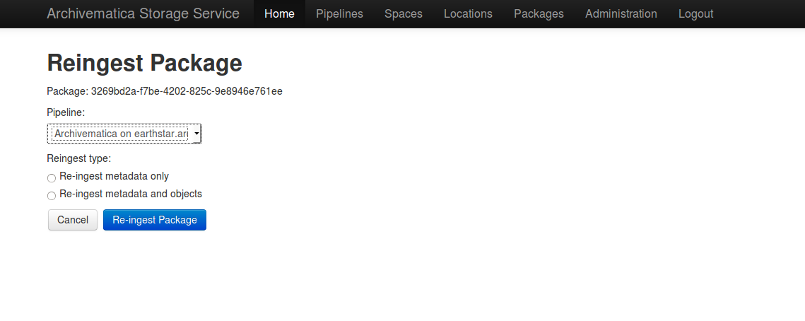 Screen to choose pipeline and type of reingest