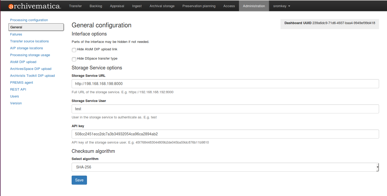 General configuration options in Administration tab of the dashboard