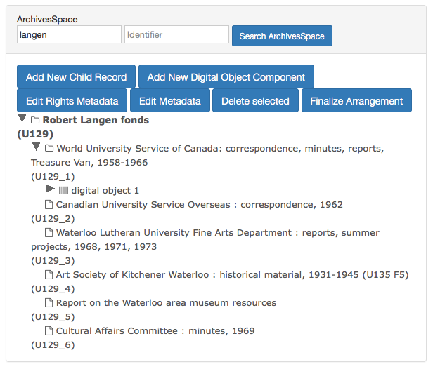 ArchivesSpace pane with an ArchivesSpace resource expanded to show levels of hierarchy