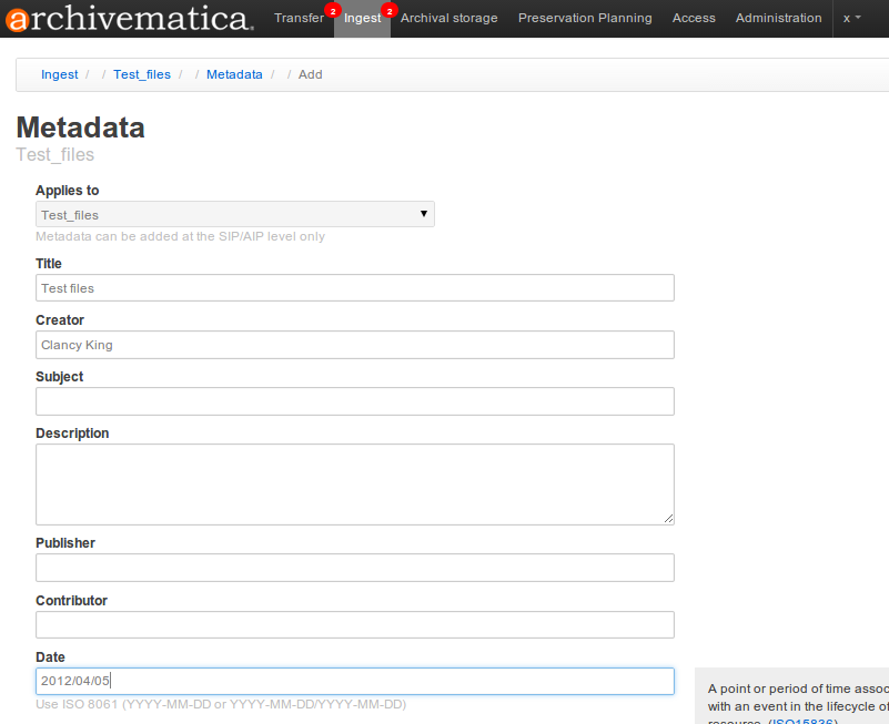 SIP metadata entry form