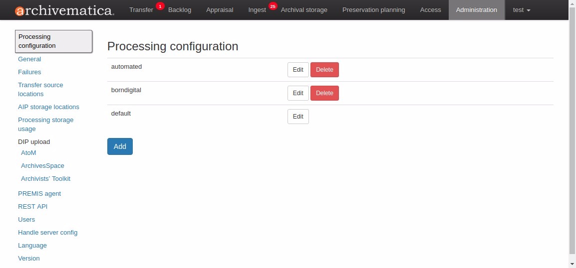 Processing configuration selection screen, showing three config options: automated, borndigital, and default