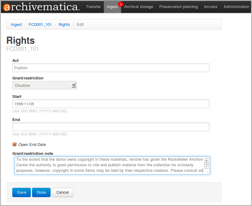 PREMIS rights template with Grant/restriction note