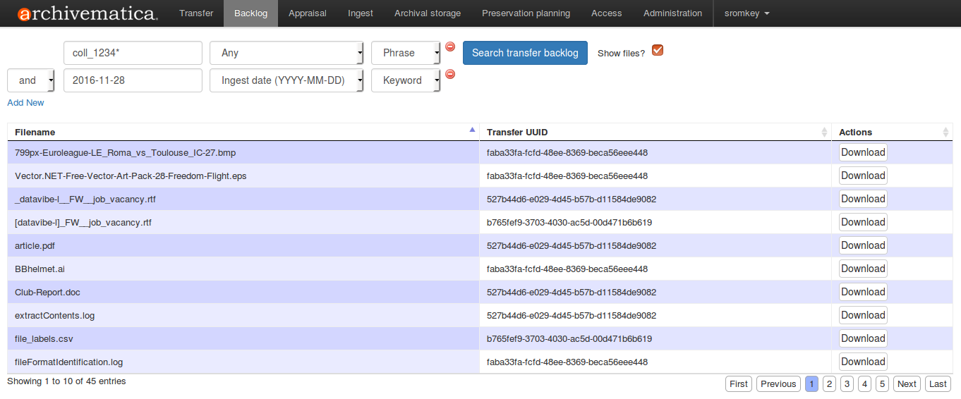 Archivematica backlog tab showing a search for transfers.