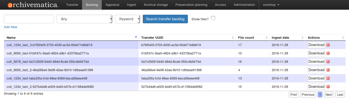 Archivematica backlog tab showing backlogged transfers