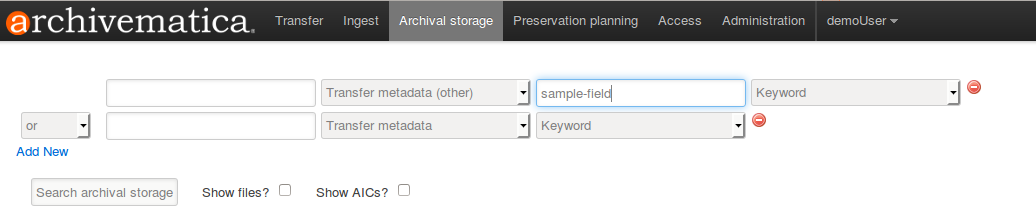 Search interface using transfer metadata fields