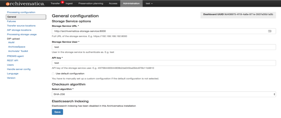 General configuration options in Administration tab of the dashboard