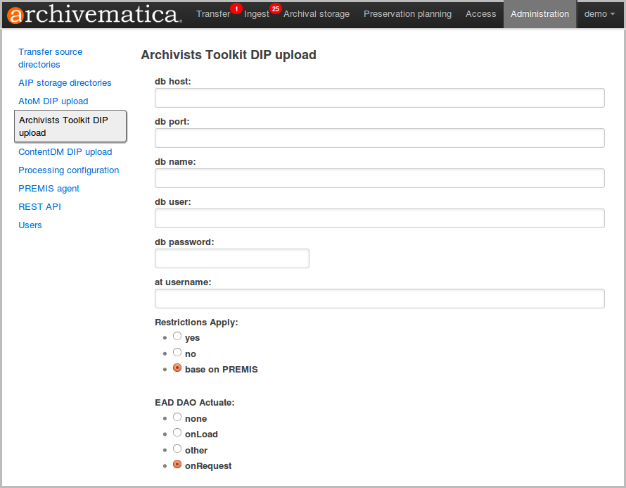 Archivematica admin settings for AT
