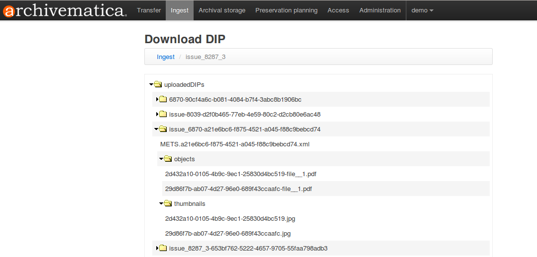 Download DIP screen showing a DIP directory expanded.