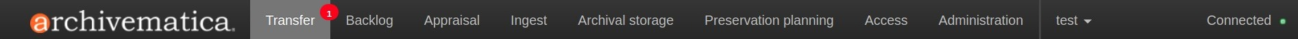 A red bubble on the Transfer tab at the top of the Archivematica dashboard indicates that a decision is awaiting user input.