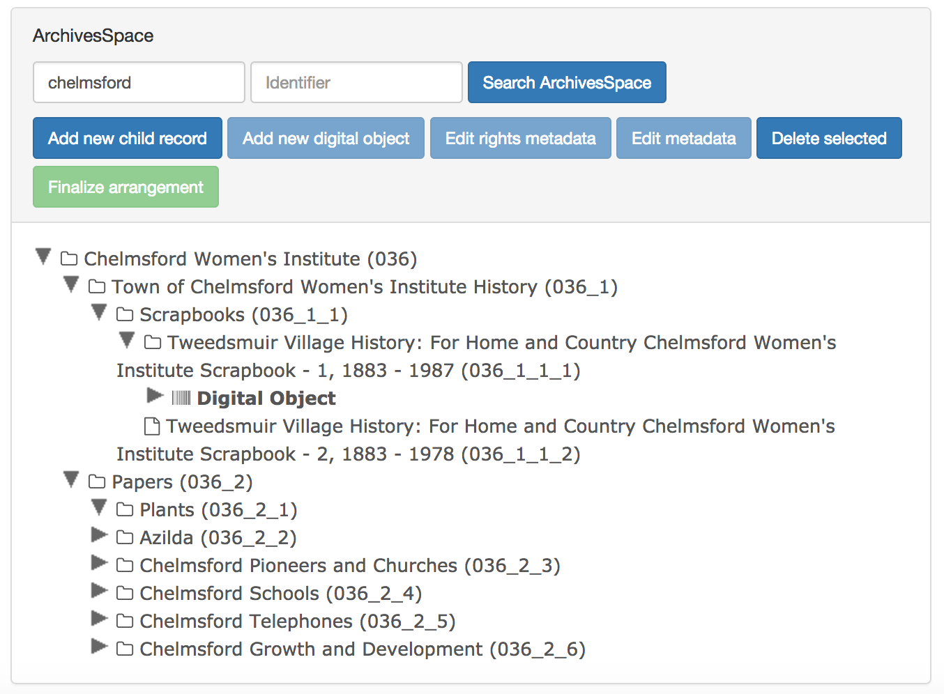 ArchivesSpace pane with an ArchivesSpace resource expanded to show levels of hierarchy