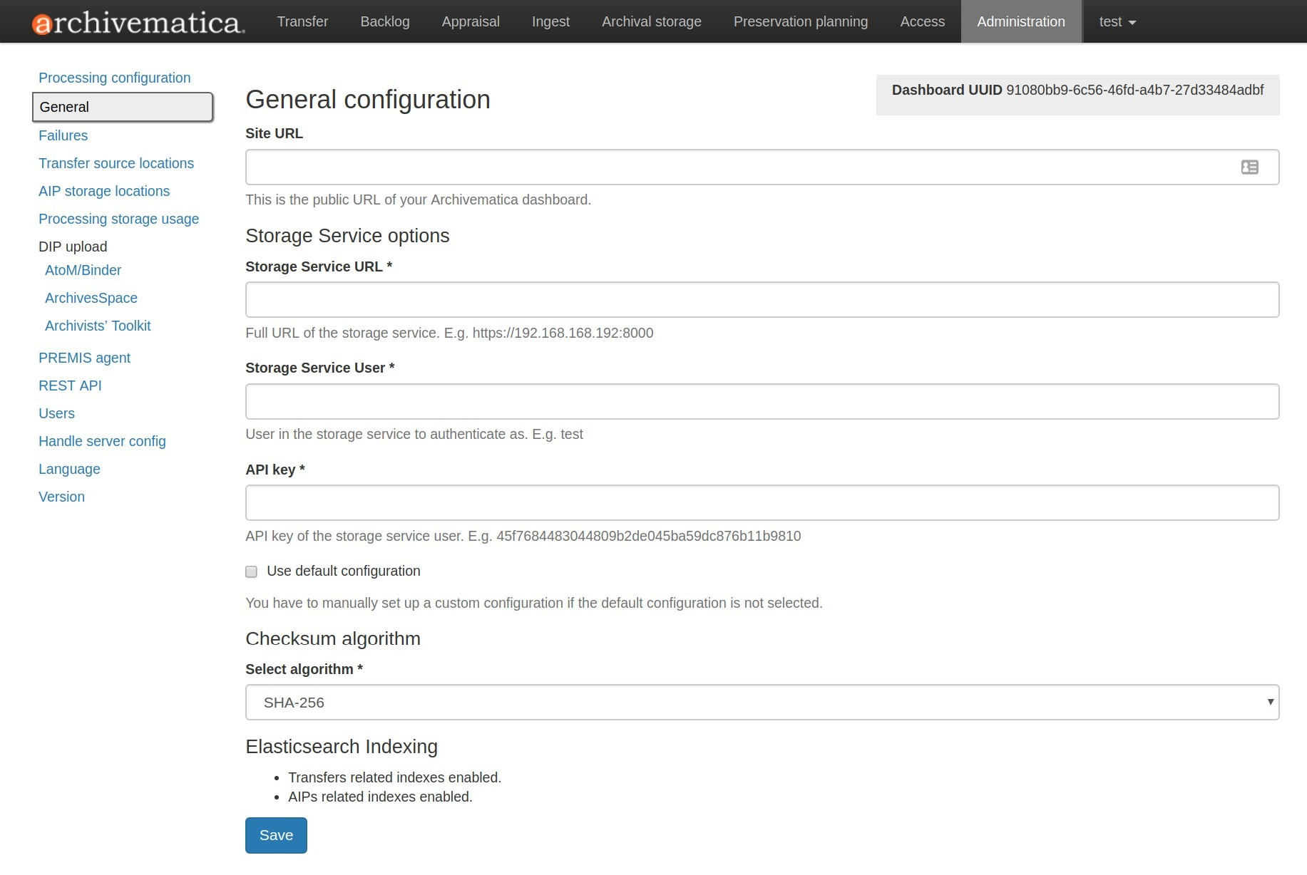 General configuration options in Administration tab of the dashboard