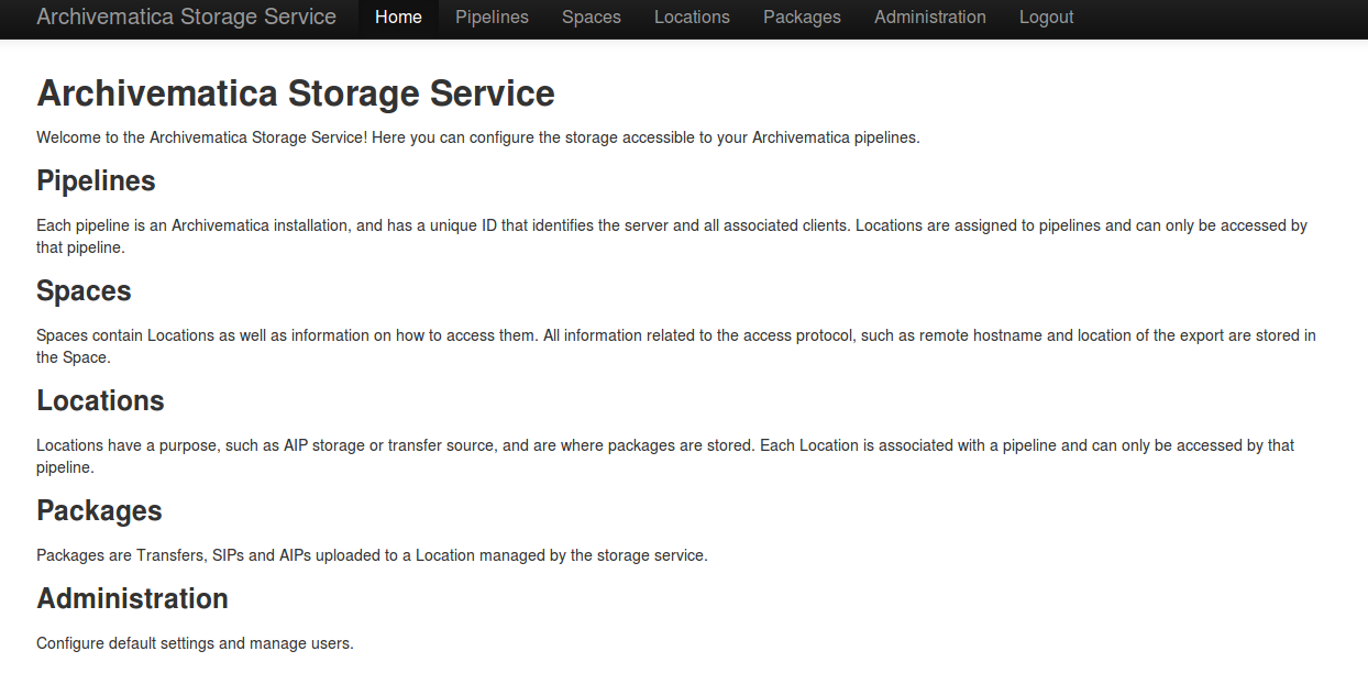 Home page of the Storage Service