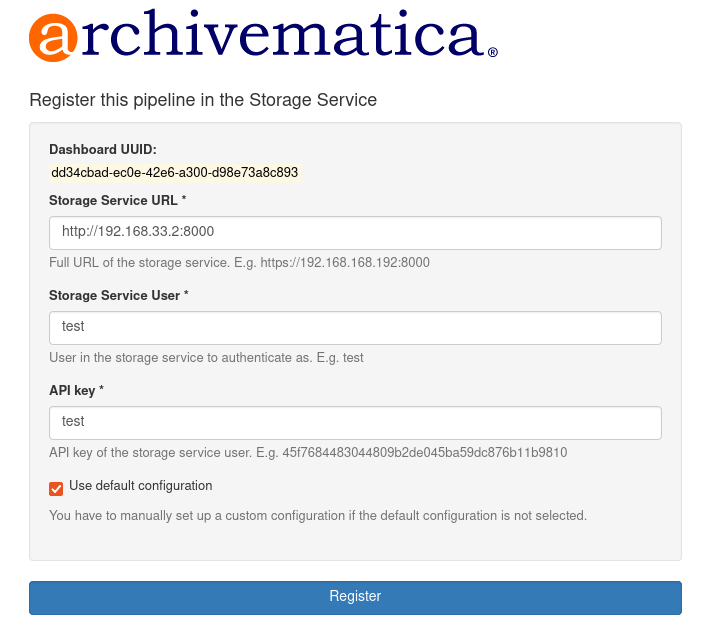 Configuring the Storage Service during Archivematica installation.