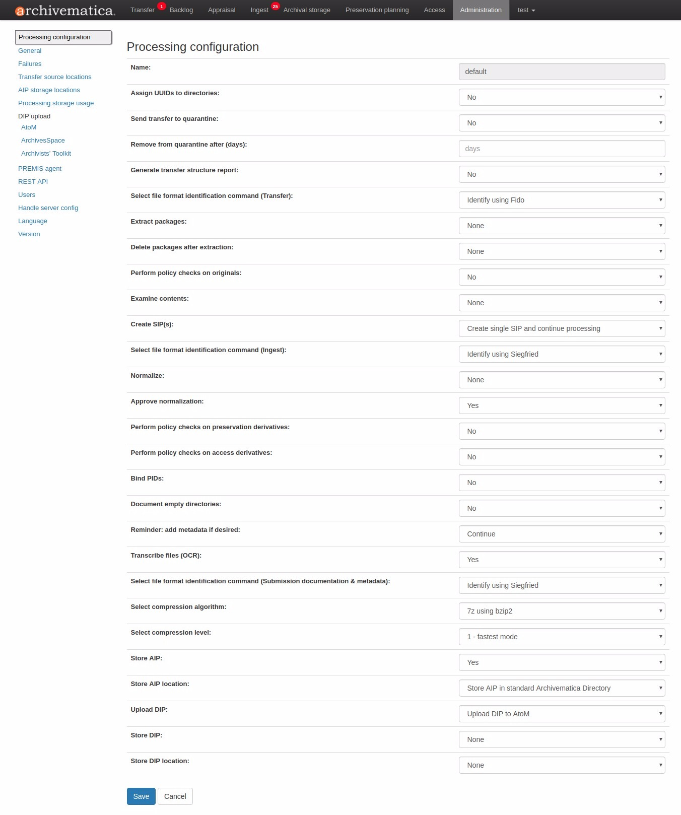 Processing configuration screen in the dashboard