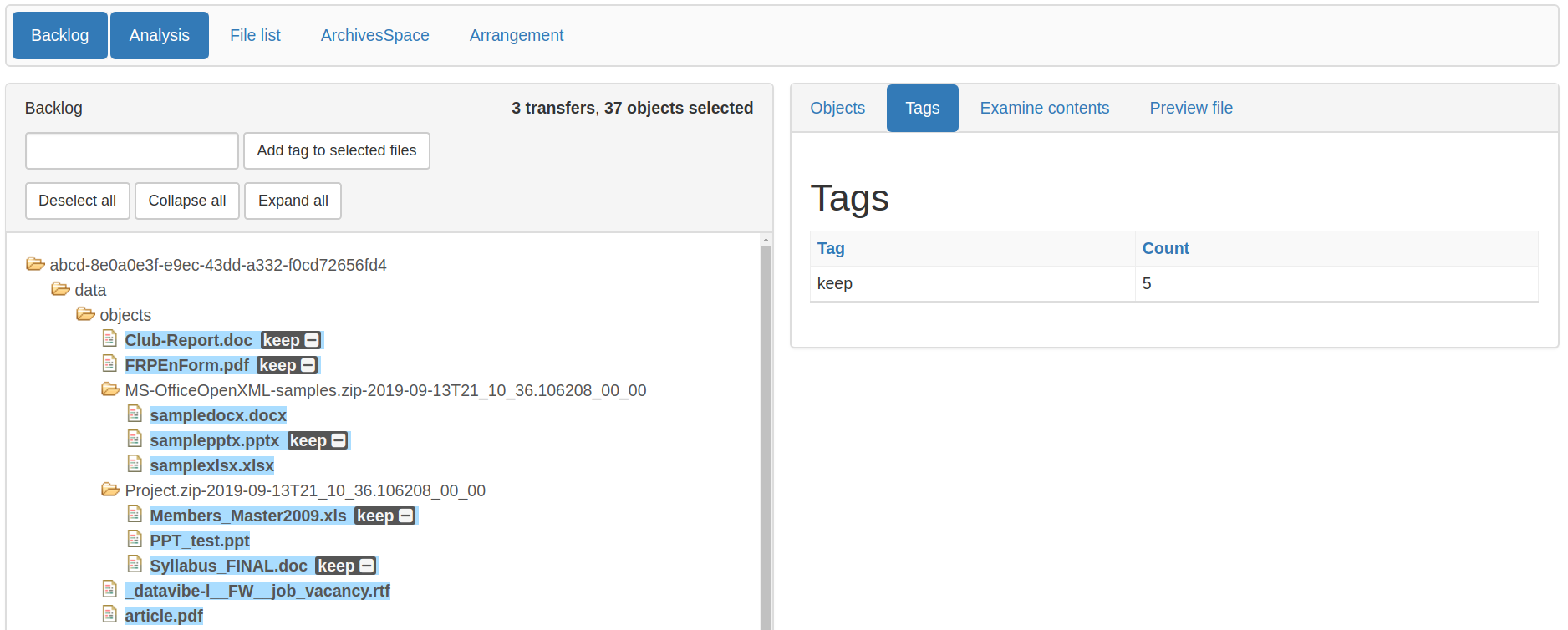 The left-hand side of the image shows the backlog pane with a number of files selected. The right-hand side of the image shows that 5 files have been given the tag "keep".