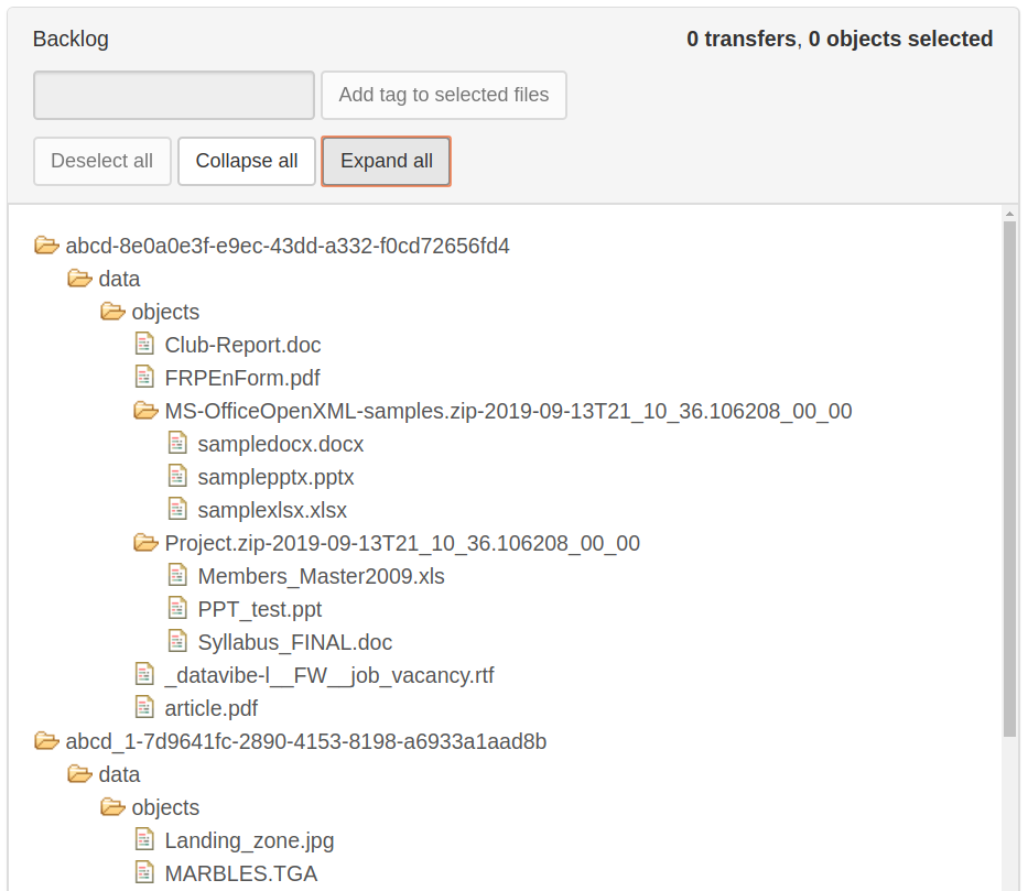 The backlog pane with all search result folders expanded to show contents.