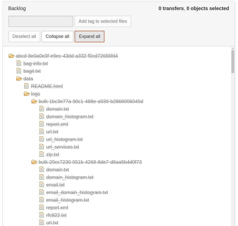 Search results with logs and metadata files