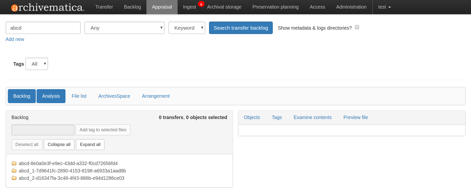 A simple search for "abcd", with results shown in the backlog pane.