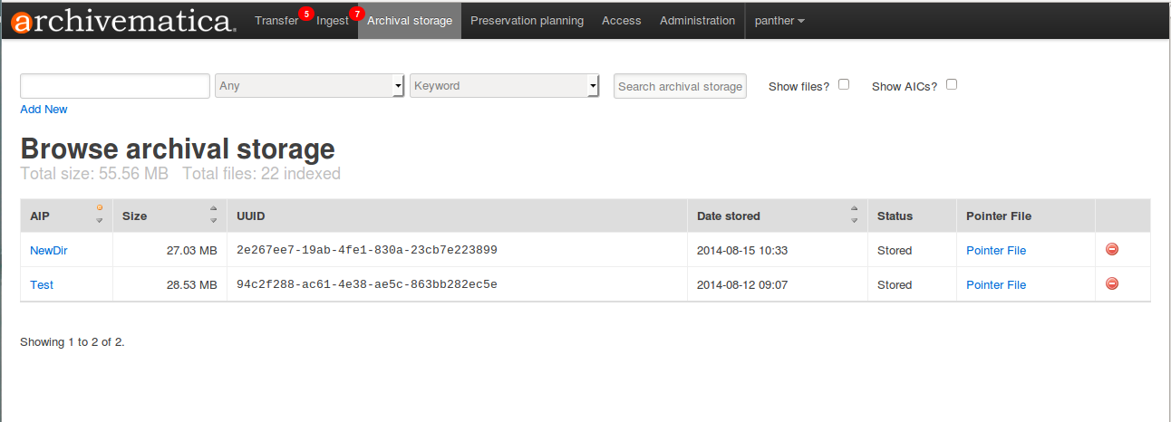 Archival storage tab showing stored AIPs