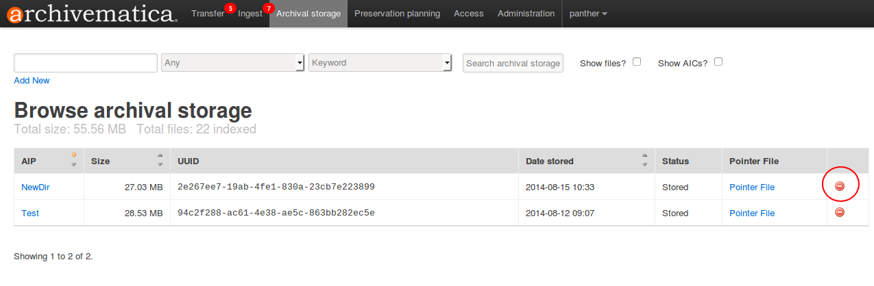 Dashboard request to delete AIP