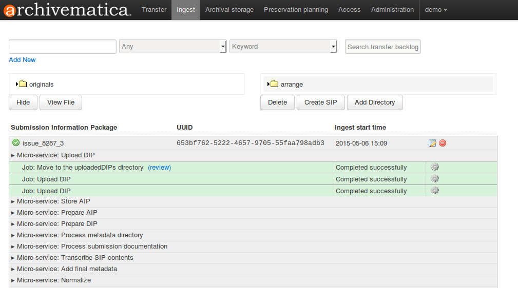 Click on the "review" link in the Upload DIP micro-service