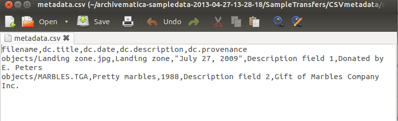 Example csv file contents