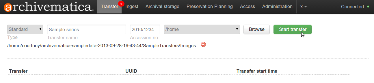 Start transfer in dashboard