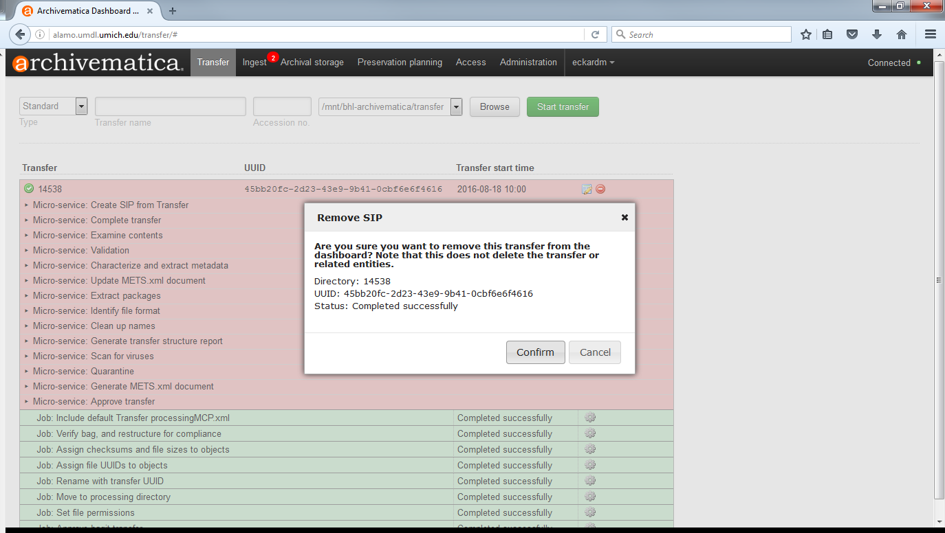 A transfer that is ready to be removed from the dashboard