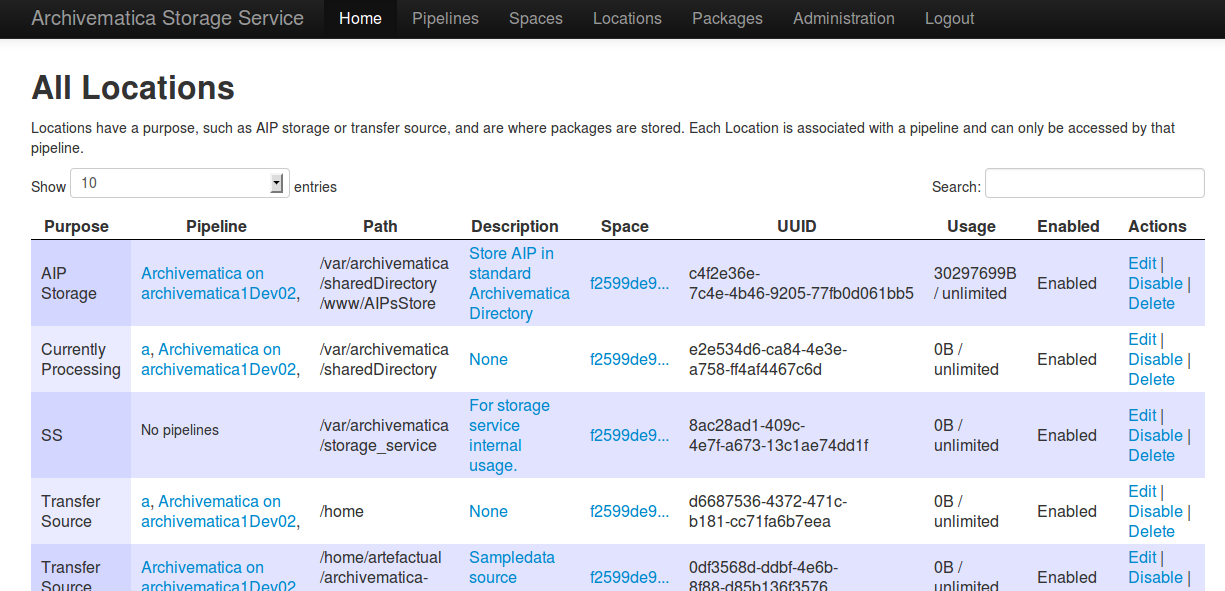 Storage Service locations screen.