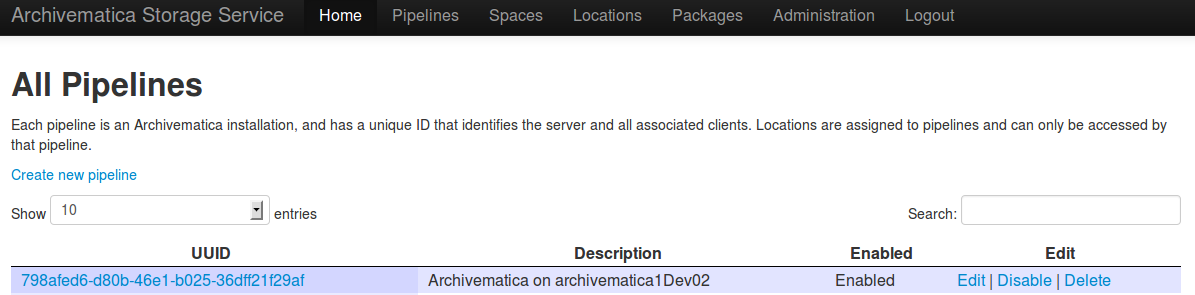 Storage Service pipelines screen.