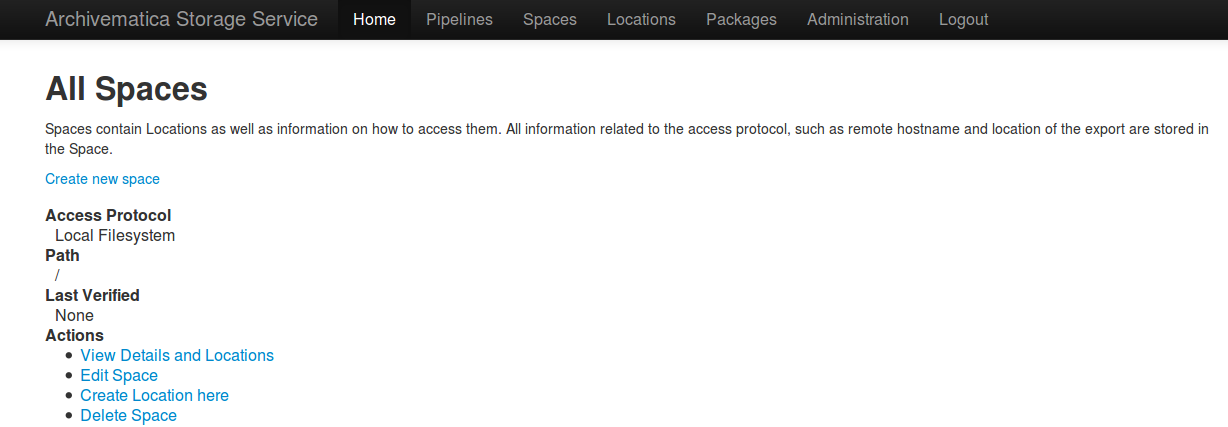 Storage Service spaces screen.