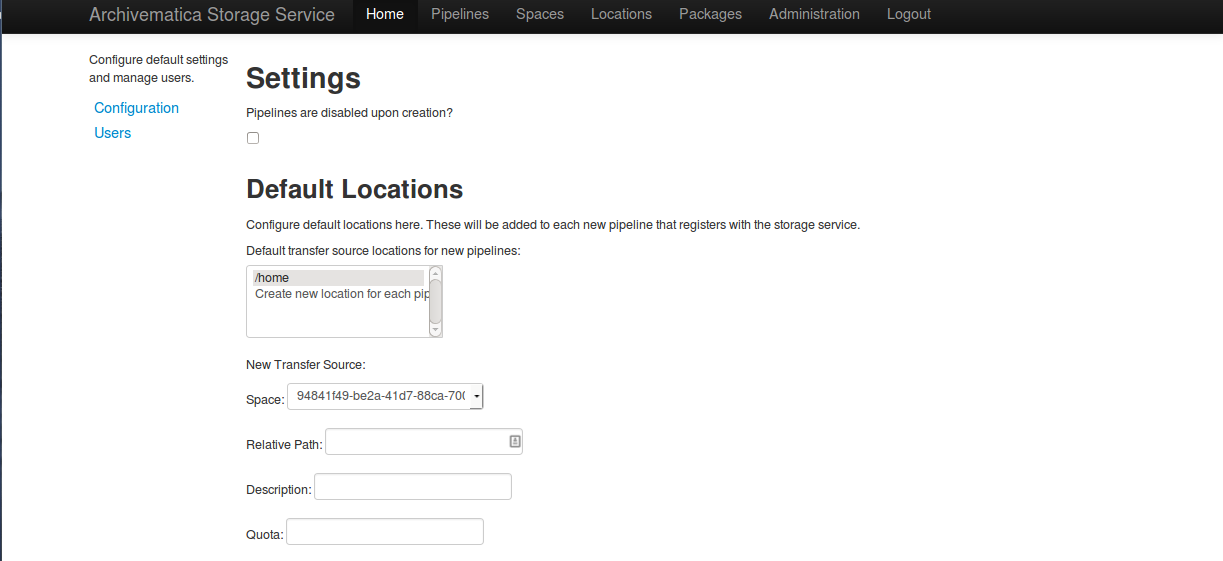 Storage Service Administration screen part 1.